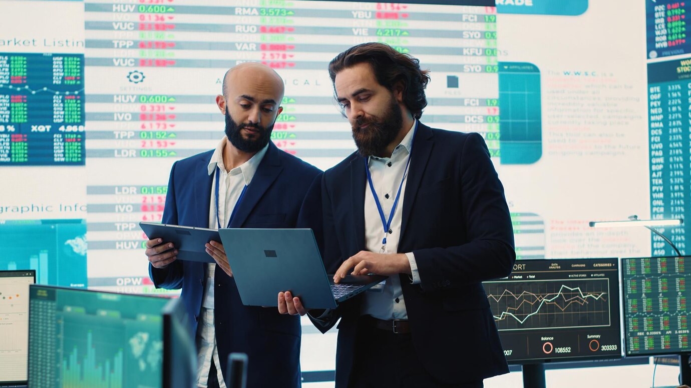 Illustration of financial systems automating trade validation and generating consistent client reports across platforms.
