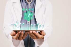 Visualization of encrypted data between healthcare systems, representing secure communication of patient information.