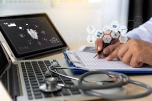 Medical professional analyzing real-time analytics to track patient progress and adjust treatment plans accordingly.
