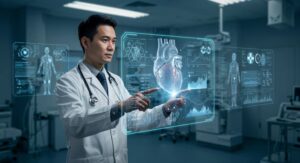 Digital dashboard displaying patient heart health metrics and AI-generated risk scores for early detection.