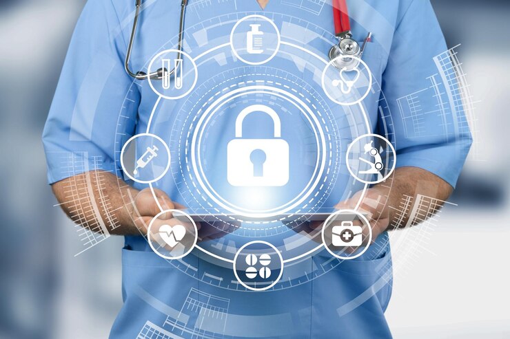 Visualization of encrypted cloud storage protecting sensitive healthcare records.
