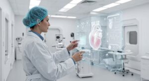 Clinician reviewing real-time AI-generated insights from a cardiac ultrasound on a digital workstation.