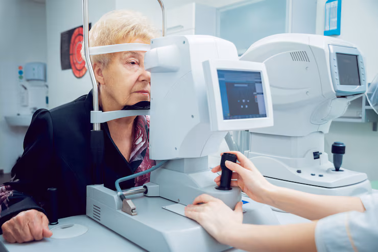 Visual representation of a healthcare professional conducting eye test using AI integrated machine