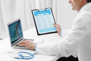 System interface running validation checks on automated prescription entries to ensure accuracy and prevent drug interactions.