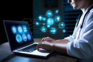 Visualization of encrypted data transmission and storage processes across healthcare databases and cloud environments.