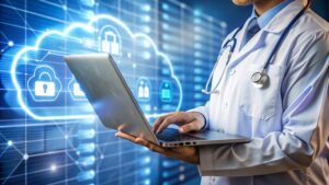 Healthcare data being encrypted during transmission and storage within a cloud environment.