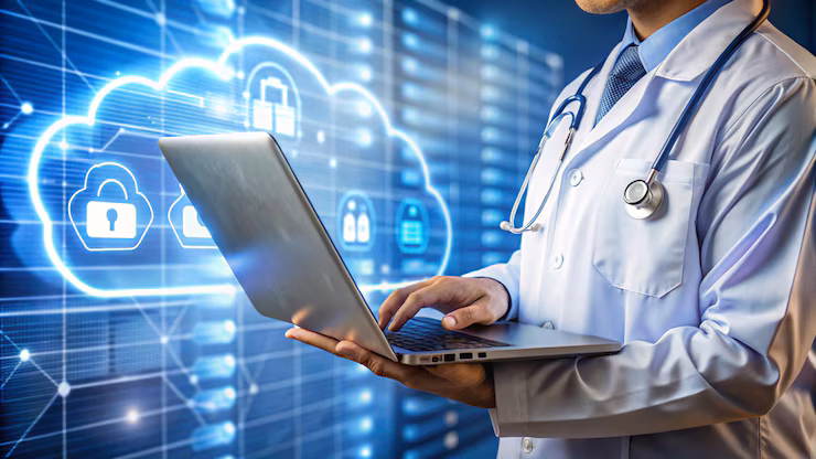Healthcare data being encrypted during transmission and storage within a cloud environment.