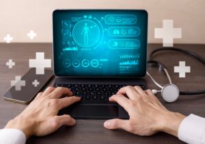 Dashboard showing real-time metrics for uptime, response time, and resource usage of healthcare applications.