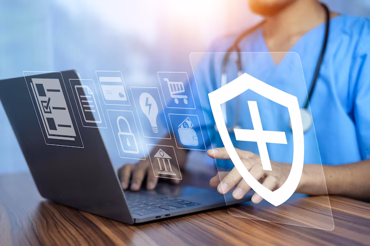 Security dashboard displaying alerts and compliance status for healthcare applications.