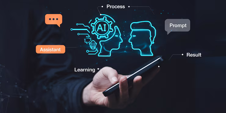 Illustration showcasing AI-powered accessibility features such as real-time transcription, voice commands, and screen readers.