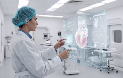 Real-Time Cardiac Scan Interpretation Clinician reviewing real-time AI-generated insights from a cardiac ultrasound on a digital workstation.